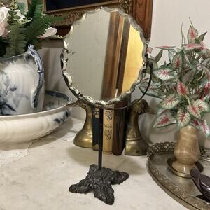 EUC Antique Vanity Mirror on Black Metal Stand Bevel Glass Mirror